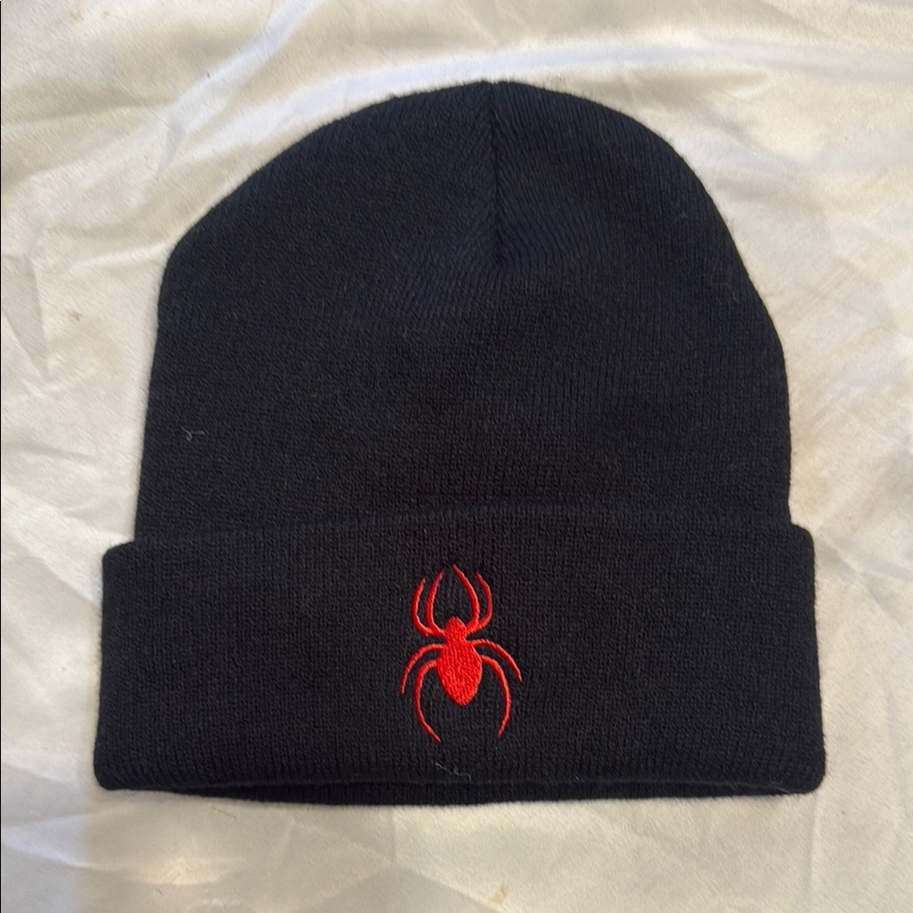 Black Beanie with Red Spider Embroidery